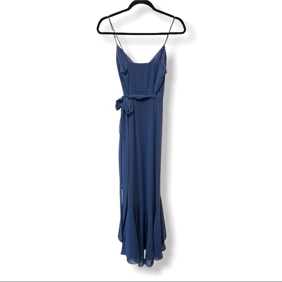 Dessy Collection Social Bridesmaids Blue 8198 Crepe Ruffled High Low Wrap Dress - Picture 6 of 7